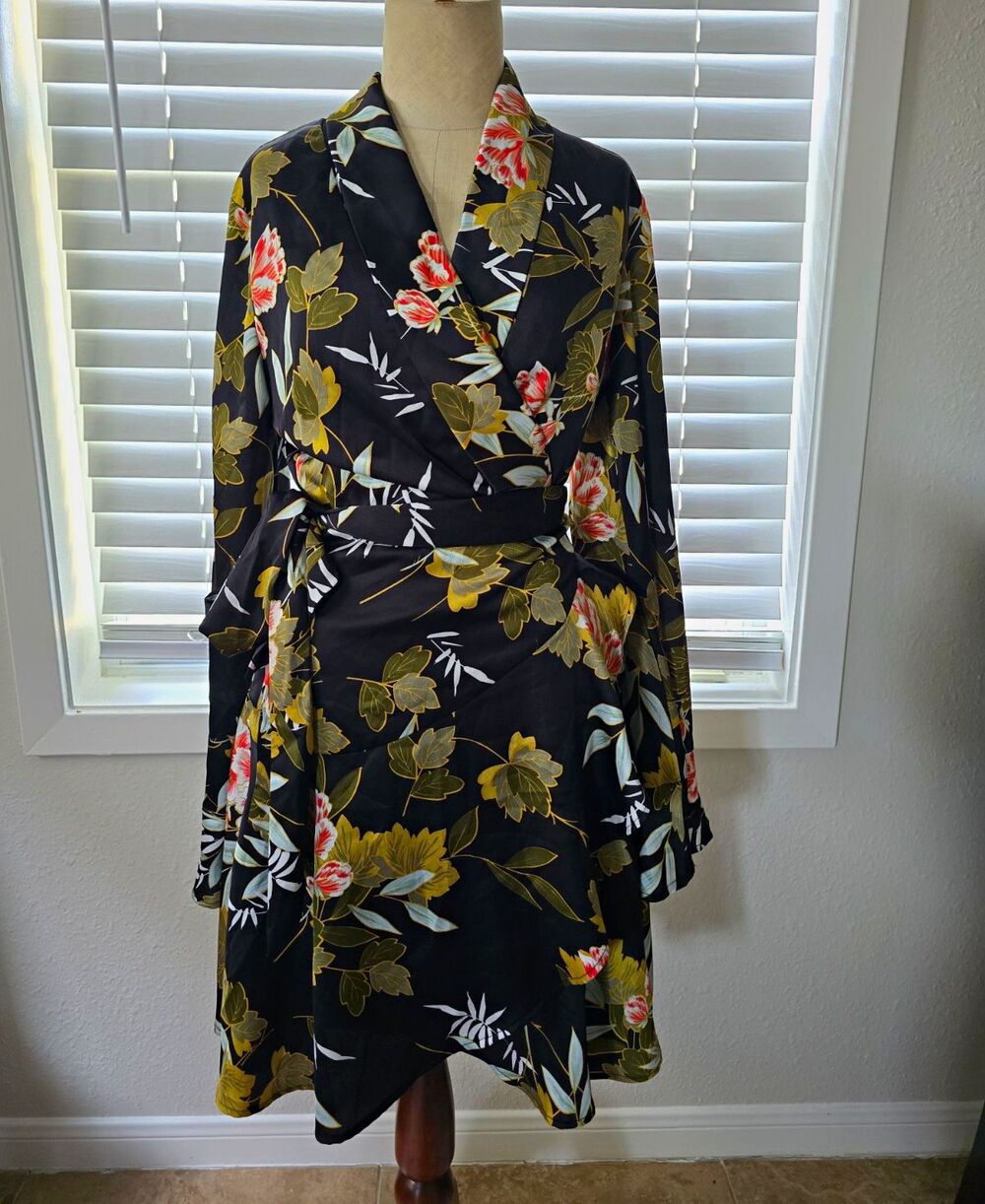 FORE Black Floral Satin Wrap Midi Dress Skirt M Coquette Quiet Luxury Fall Chic